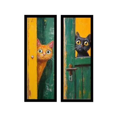 Imagem de Kit 2 quadros 18x45 cm banheiro, lavabo, gatos espiões vidro (Pretas)