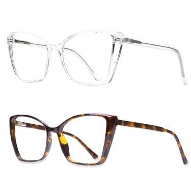 Imagem de Kit com 2 Pares de Óculos Bloqueador de Luz Azul JFXQDR Feminino Estilo Cat Eye Oversized para Computador e Jogos, Anti Fadiga Ocular e Proteção UV (Armação Translúcida + Tartaruga Coco Estilo)