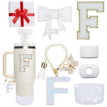 Imagem de Miglaja Acessórios rosa para copo Stanley 850 g 1,134 g, todos os acessórios caixa de presente contêm topo de palha de flor, bota de silicone, adesivos de letras e pingentes, conjunto de tampa de