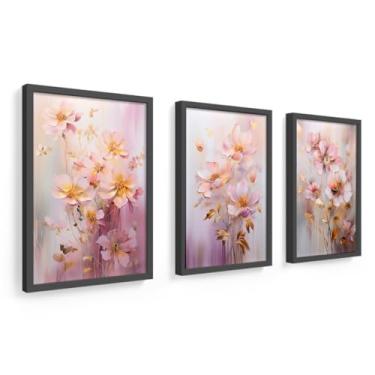 Imagem de kit 3 quadros decorativos, 18x24 cm moldura em madeira e vidro, quarto, sala, escritório, banheiro, flores rosa, dourado (preto)