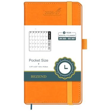 Imagem de BEZEND Agenda mensal de bolso 2026-2027, calendário de 2 anos para bolsa de 8,9 cm x 16,5 cm (26 de janeiro a 27 de dezembro), papel grosso de 100 g/m², bolso de armazenamento, porta-canetas e notas