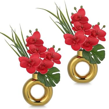 Imagem de Briful Flores de orquídea falsas com vaso dourado, 2 peças, orquídeas vermelhas, arranjos de flores de seda, plantas de orquídeas artificiais para decoração de mesa de casa, escritório, sala, cozinha