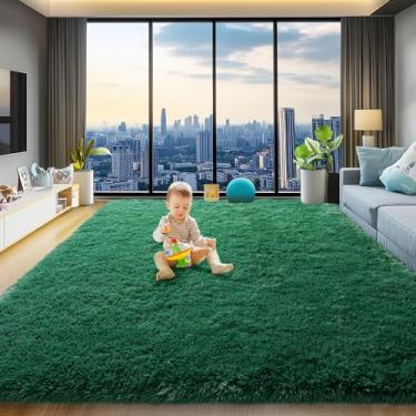 Imagem de qulint Tapetes de área de 20 x 25 cm para sala de estar, tapete grande e fofo para quarto, tapetes macios felpudos, felpudos, para meninos e meninas, decoração de casa (2,4 m x 3 m, verde escuro)