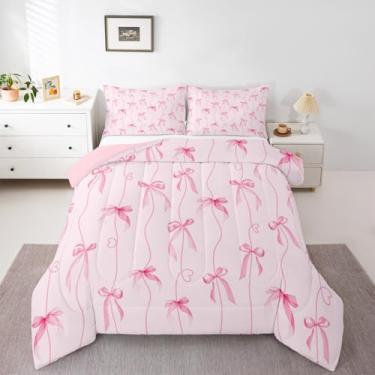 Imagem de Feelyou Conjunto de edredom com laço rosa para meninas, meninos, crianças, tamanho casal, com gravata borboleta, decoração de quarto, laço feminino, princesa, coração, amor, respirável, macio, leve