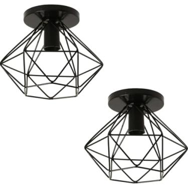 Imagem de 2 Pcs Lustre Teto Industrial Retrô Aramado Diamante Redondo Aramado Luminaria (preto)