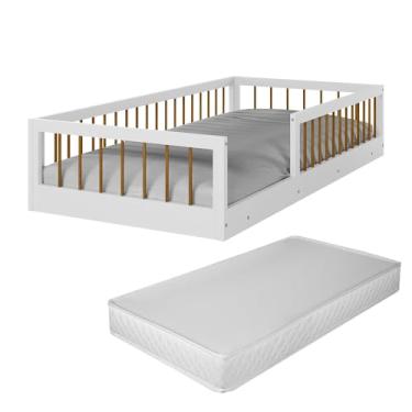 Imagem de Cama Solteiro Montessoriana Infantil Ana Quarto Da Criança Meninas E Meninos Berço Moderno Com Grade De Proteção Lateral Com Colchão Cor Branco/Nature
