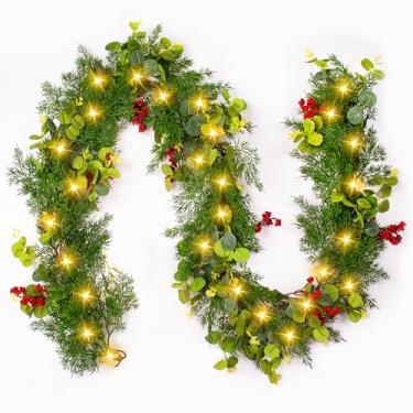 Imagem de Bravo West Guirlanda De Natal Com Luzes, Decoração Interna, Artificial, Pré-Iluminada, Para Árvore, Lareira, Escada, 2 Metros, Galhos Pinheiro, Folhas Eucalipto