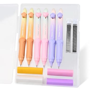 Imagem de Temiary Lindo conjunto de lapiseira com estojo, 6 lápis de ponta média de 0,9 mm com 2 tubos de refil de grafite HB, 4 borrachas para material escolar, escrita de alunos, esboços de desenho (pastel)