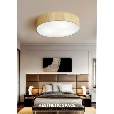 Imagem de Plafon Luminária de teto decorativa para casa, MD-3076 nórdicas em tecido e madeira 3 lâmpadas com difusor em poliestireno