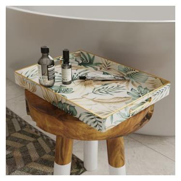 Imagem de Bandejas para servir alimentos, bandeja de mesa de café, bandeja de café da manhã na cama, bandeja grande, folhas douradas e verdes