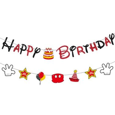 Imagem de GZDUCK Decorações de aniversário de rato para meninos - Faixa vermelha preta, decoração com glitter, tema de desenho animado feliz aniversário para chá de bebê de 1ª 2ª festa de terceiros