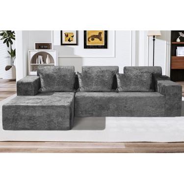 Imagem de HABUTWAY Sofá secional modular em forma de L de 266 cm para sala de estar, sem necessidade de montagem, sofá modular confortável com assento profundo para sala de estar quarto, veludo envelhecido de