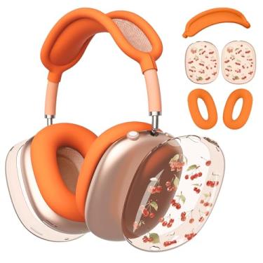 Imagem de BlHMCASE Capa de fone de ouvido para AirPods Max, capas de fones de ouvido transparentes de cereja, capa de silicone laranja para Apple AirPods Max