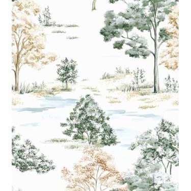 Imagem de Papel de parede de árvores descascar e colar, papel de contato florestal branco/verde/amarelo, paisagem botânica moderna, papel de parede autoadesivo à prova d'água removível para prateleiras armário