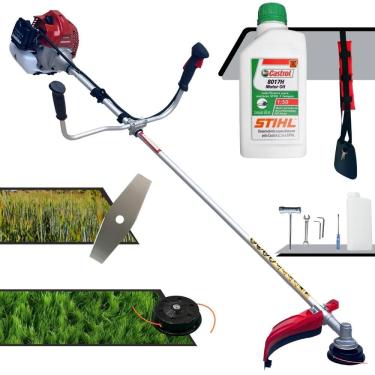 Imagem de Roçadeira Robusta Kawashima BCJ521L À Gasolina 52cc Motor 2 Tempos 2,5HP de Potência 10.000rpm Com Carretel Nylon + Lâmina Facão + ÓLEO STIHL 8017