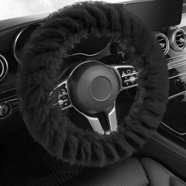 Imagem de Capas de volante macias de pele de lã de inverno capa fofa quente antiderrapante decoração automotiva para mulheres acessórios de carro (preto)