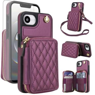 Imagem de Capa de celular para iPhone 16e/SE 2025/SE 4 carteira com protetor de tela de vidro temperado, alça de pulso, bloqueio de RFID, porta-cartão i Phone16e i16e 16 e SE4 4ª geração 16eCase feminina roxo