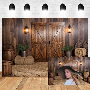 Imagem de 2,1 x 1,5 m vintage porta de celeiro pano de fundo rústico madeira palheiro barril planta verde fundo de fotografia interior fazenda aniversário Ação de Graças decoração de festa retrato foto estúdio