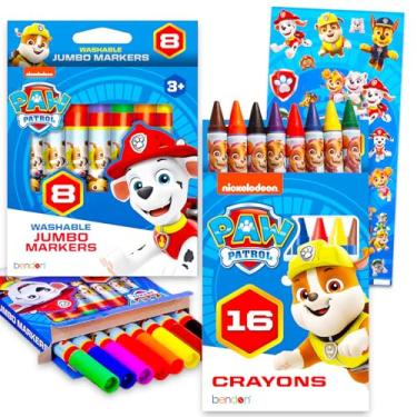 Imagem de Paw Patrol Conjunto de colorir – Pacote com 8 marcadores e 16 giz de cera para colorir, artesanato, desenho e muito mais | Material escolar Paw Patrol para crianças