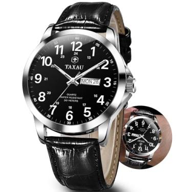 Imagem de Taxau Relógios masculinos com pulseira de couro, aço inoxidável, quartzo, analógico, fácil leitura, luxuoso, à prova d'água, relógio de pulso masculino com data diurna, numeral arábico, Preto-G8409