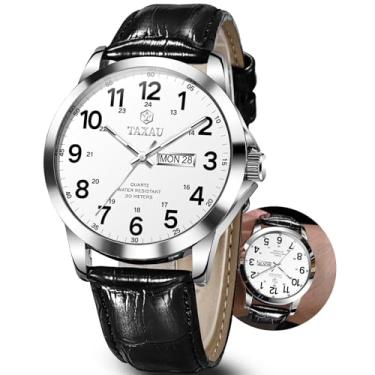 Imagem de Taxau Relógios masculinos com pulseira de couro, aço inoxidável, quartzo, analógico, fácil leitura, luxuoso, à prova d'água, relógio de pulso masculino com data diurna, numeral arábico, Prata - G8409