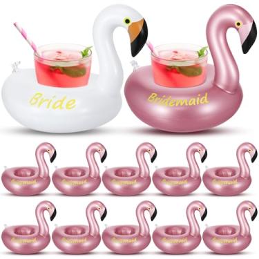 Imagem de Sunnychicc Pacote com 12 porta-bebidas infláveis flamingo, boia de piscina, porta-copos reutilizáveis para casamento, despedida de solteira, chá de panela, branco e ouro rosa