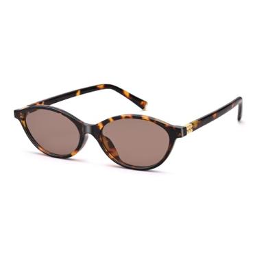 Imagem de NULOOQ Óculos de sol retrô ovais para mulheres, chique, olho de gato, óculos de sol dos anos 90, leves e estreitos, Armação de leopardo/lente marrom C5, P