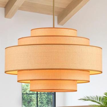 Imagem de YOMECOO Lustre de tambor grande de 66 cm Farmhouse 6 luzes vintage Boho Rattan Lustres retrô vintage de bambu para sala de jantar, ilha de cozinha, sala de estar, quarto