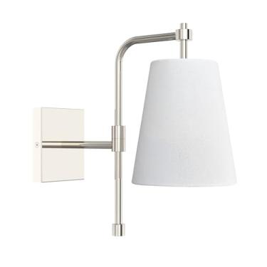 Imagem de Laite Lumens Arandela de parede de 1 luz, acabamento em níquel polido, sombra de linho de tecido, braço oscilante ajustável, luminária de parede com fio para cabeceira, sala de estar, banheiro