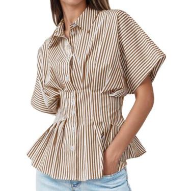Imagem de Blusa feminina Tankaneo listrada Peplum com botões marrom