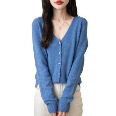 Imagem de Cardigan Chanyarn 100% lã merino com decote em V para mulheres