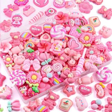 Imagem de 100 peças de pingentes de geleca rosa rosa sortidos enfeites fofos decoden, acessórios kawaii slime, urso de coração doce em resina plana a granel para capas de telefone, scrapbooking artesanato e