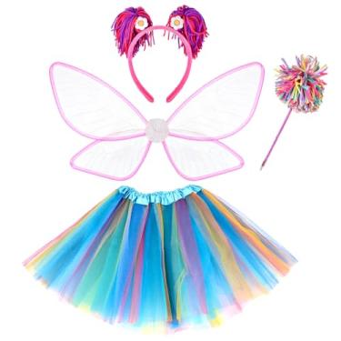 Imagem de DreamLily Fairy Costume Set, Butterfly Wings with Pink Trim, Tulle Tutu Skirt, Pom Pom Headband and Wand, Rainbow Colors (Pink Purple)