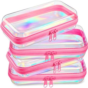 Imagem de Hoolerry 4 peças de estojo rígido transparente com zíper, sacos de maquiagem, bolsa de lápis de plástico, recipientes transparentes para cosméticos, lanches, blocos de construção, quebra-cabeças
