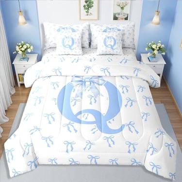 Imagem de Erosebridal Conjunto de edredom Queen com laço azul romântico, 7 peças, letra Q, em uma bolsa, para crianças, meninas, mulheres, moderno, simples, azul, branco, nó