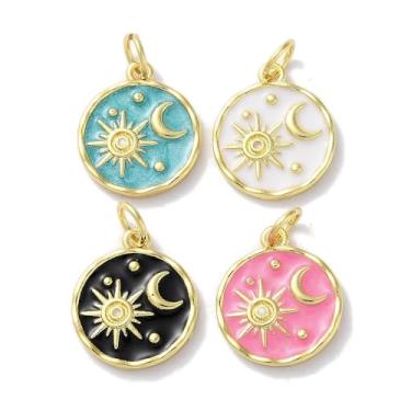 Imagem de Clotiry Pingentes celestiais redondos planos esmaltados de latão de cor mista de sol e lua para fazer você mesmo, pulseira, colar, brinco, joias
