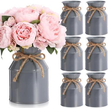 Imagem de Domensi Vaso de flores de metal para casa de fazenda, 6 peças, 13 cm, jarro galvanizado, com laço de barbante, baldes de flores rústicos para mesa floral, centro de mesa, decoração de casamento (cinza