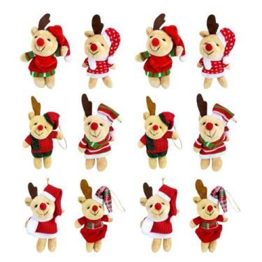 Imagem de Kit 12 Rena Natalina de Pelúcia Enfeite Natal Vestido Gorro - MultiA, 