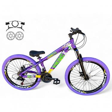 Imagem de Bicicleta Aro 26 Vikingx Tuff X25 Freeride Freio Hidráulico 21v Aros Vmaxx Dh Pneu Flame - Roxo/amarelo/verde