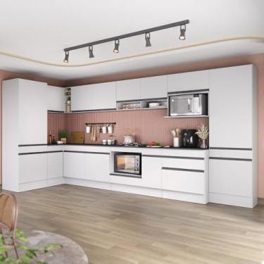 Imagem de Cozinha Modulada Completa Canto 409cm com Rodapé e Balcão para Cooktop Veneza Multimóveis Mp2304 Branco/preto