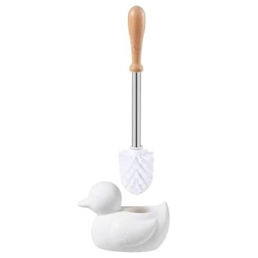 Imagem de Conjunto de escova de vaso sanitário branca e suporte - Organizador de escova de banheiro de cerâmica com kit de escova de limpeza com cabeça de escova removível e cabo de madeira natural, escova de