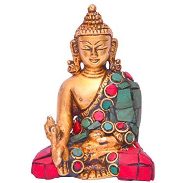 Imagem de Purpledip Estátua do Senhor Buda da Medicina de Cura em Metal de Latão Sólido com Pedra Turquesa Trabalho para Templo Doméstico, Mesa de Escritório ou Balcão de Loja (10642)