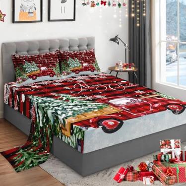 Imagem de WeCozy Jogo de lençol solteiro de Natal, 3 peças, com bolso profundo de 35,5 cm, xadrez buffalo, vermelho e vermelho, para crianças e adultos, caminhonete vintage vermelho com fronha para decoração de
