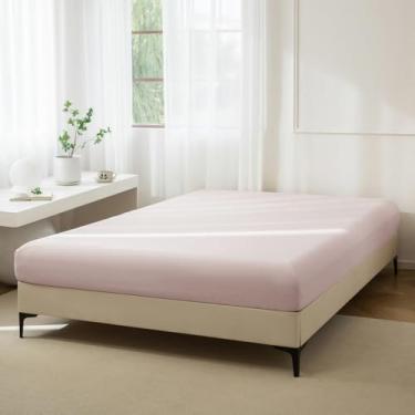 Imagem de JIYUAN 1 lençol com elástico 100% algodão lavado, lençol de baixo com bolso profundo para colchões de até 43 cm, confortável e respirável para todas as estações, tamanho casal, rosa acinzentado