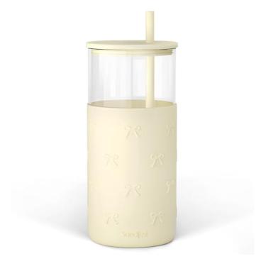 Imagem de SANDJEST Copo de vidro com canudo e tampa, garrafa de água de vidro com manga de silicone 590 ml, Smoothie, xícara de café gelado, presentes de laço para mulheres, adolescentes, meninas, aniversário