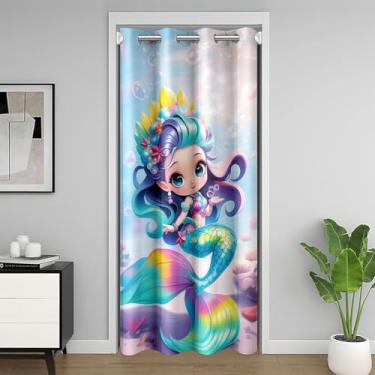 Imagem de Cortina de porta de sereia 152 cm L x 203 cm C colorido cauda de sereia tratamentos de janela decoração de casa sonhador animais oceânicos cortinas de quarto para sofá sala de estar quarto