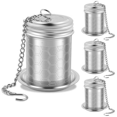 Imagem de 4 coadores de chá de aço inoxidável 304 com bandeja coletora e gancho de corrente, infusor de malha fina com tampa rosqueada para Rooibos, lavável na lava-louças