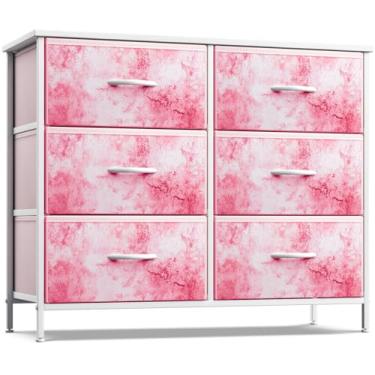 Imagem de Sorbus Cômoda com 6 gavetas – Baú de armazenamento de móveis para quarto torre, corredor, armário, organização de escritório – moldura de aço, parte superior de madeira, caixas de tecido tie-dye (6 gavetas, rosa)