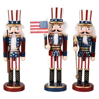 Imagem de HEALEEP 3 peças de bonecos de decoração de soldado quebra-nozes estilo americano para decorações de festivais de férias do Dia da Independência, ornamentos pintados à mão para quebra-nozes