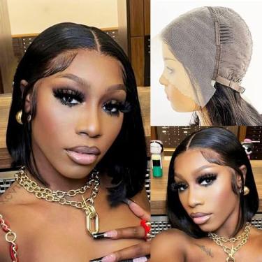 Imagem de Karlami Peruca Bob De Cabelo Humano, 13X4, Renda Frontal, Onda Corporal, Perucas Frontais Hd, Pré-Depiladas, Sem Cola, Para Mulheres, Densidade 150% (Preta, 12'')